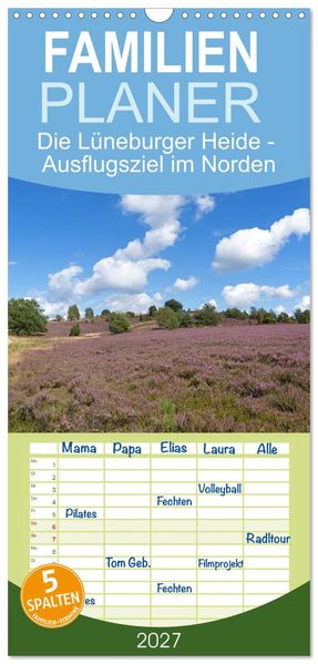 Familienplaner 2027 - Die Lüneburger Heide - Ausflugsziel im Norden mit 5 Spalten (Wandkalender 21 x 45 cm) CALVENDO