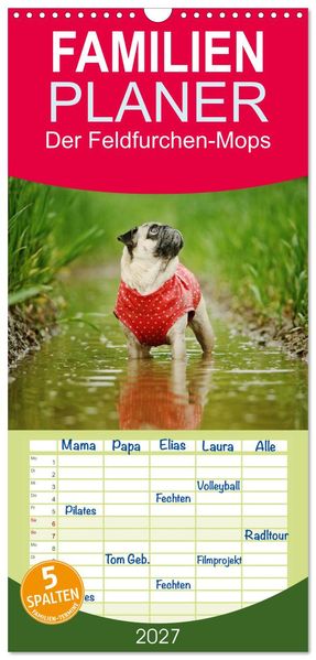 Familienplaner 2027 - Der Feldfurchen-Mops mit 5 Spalten (Wandkalender 21 x 45 cm) CALVENDO