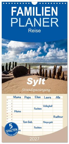 Familienplaner 2027 - Sylt - Strandspaziergang mit 5 Spalten (Wandkalender 21 x 45 cm) CALVENDO