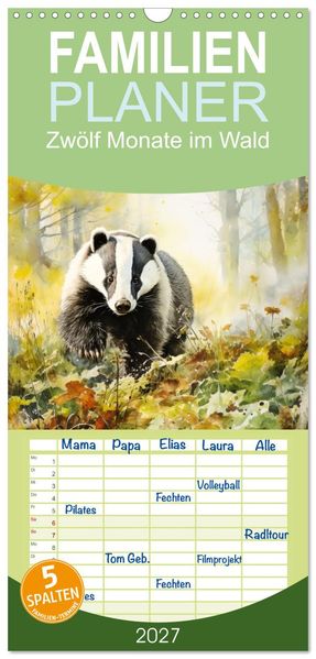 Familienplaner 2027 - Zwölf Monate im Wald mit 5 Spalten (Wandkalender 21 x 45 cm) CALVENDO