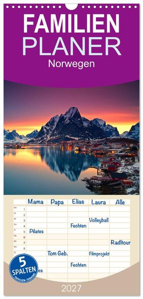 Familienplaner 2027 - Norwegen mit 5 Spalten (Wandkalender 21 x 45 cm) CALVENDO