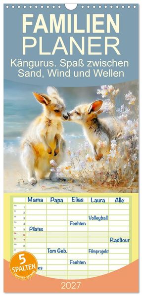 Familienplaner 2027 - Kängurus. Spaß zwischen Sand Wind und Wellen mit 5 Spalten (Wandkalender 21 x 45 cm) CALVENDO