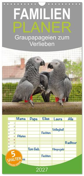 Familienplaner 2027 - Graupapageien zum Verlieben mit 5 Spalten (Wandkalender 21 x 45 cm) CALVENDO