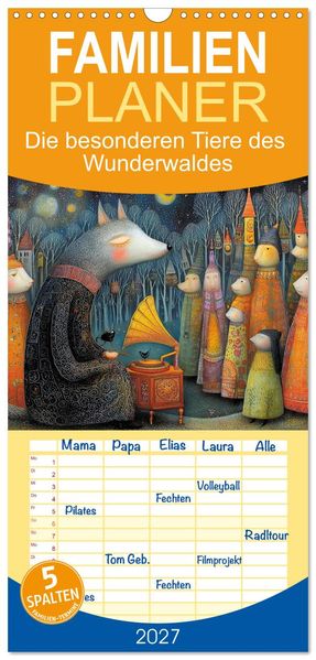 Familienplaner 2027 - Die besonderen Tiere des Wunderwaldes mit 5 Spalten (Wandkalender 21 x 45 cm) CALVENDO