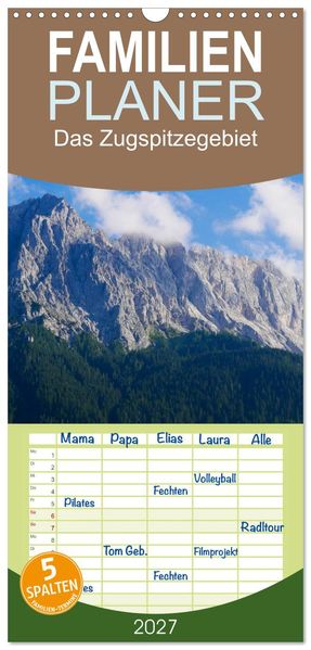 Familienplaner 2027 - Das Zugspitzegebiet mit 5 Spalten (Wandkalender 21 x 45 cm) CALVENDO