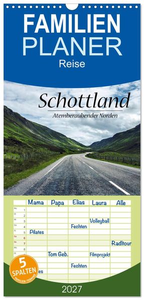 Familienplaner 2027 - Schottland Atemberaubender Norden mit 5 Spalten (Wandkalender 21 x 45 cm) CALVENDO