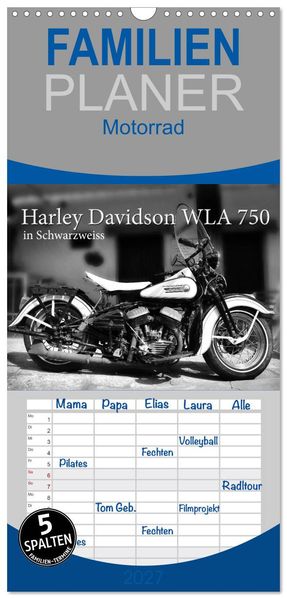 Familienplaner 2027 - Harley Davidson WLA 750 in Schwarzweiss mit 5 Spalten (Wandkalender 21 x 45 cm) CALVENDO