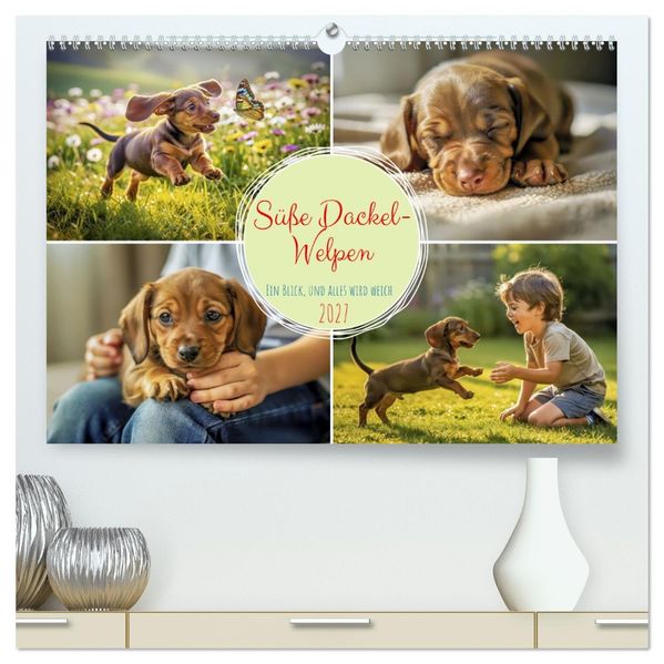 Süße Dackel-Welpen (hochwertiger Premium Wandkalender 2027 DIN A2 quer) Kunstdruck in Hochglanz