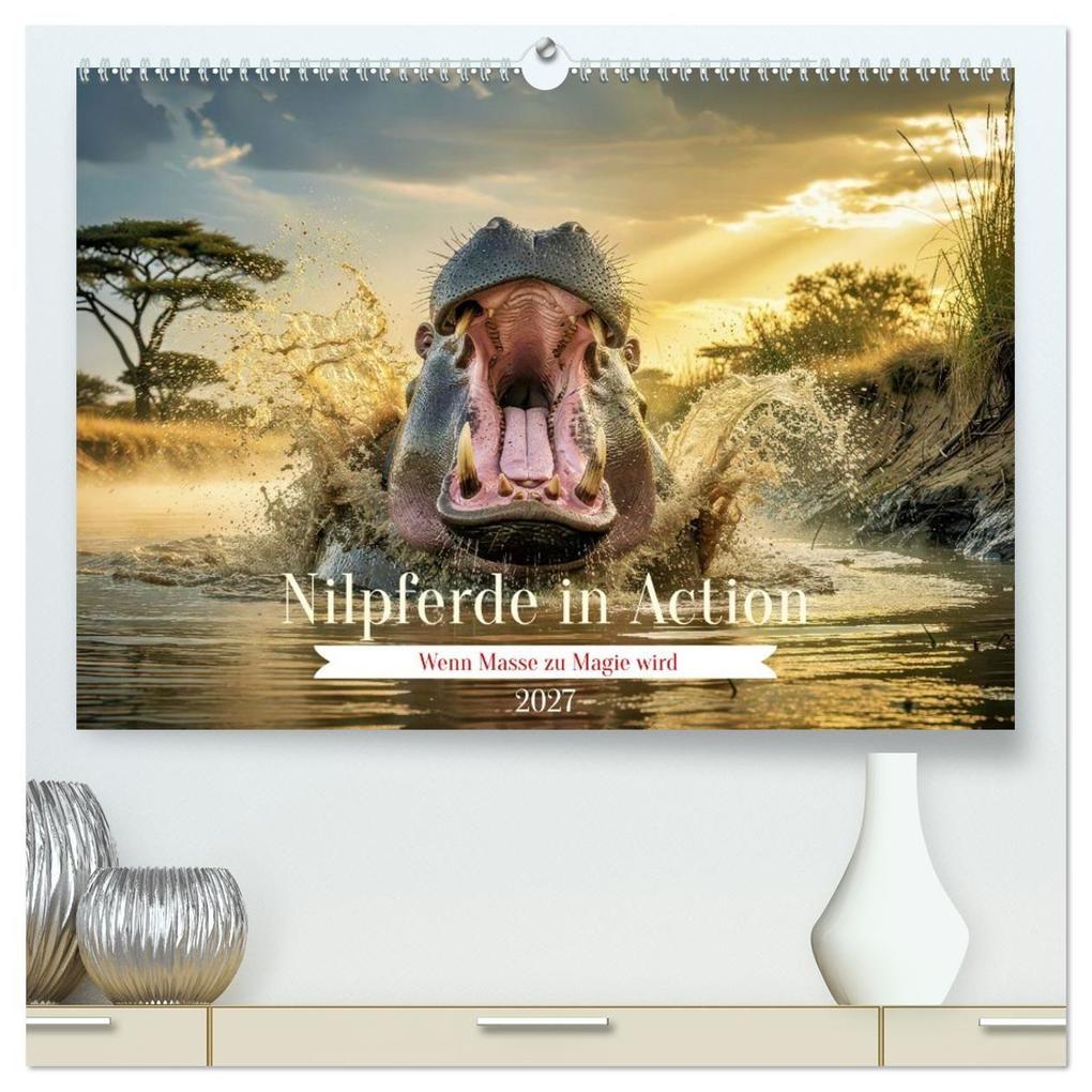 Nilpferde in Action (hochwertiger Premium Wandkalender 2027 DIN A2 quer) Kunstdruck in Hochglanz