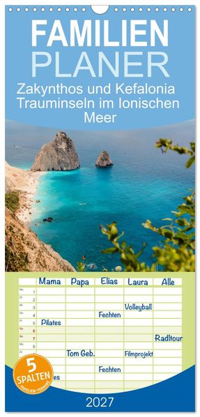 Familienplaner 2027 - Zakynthos und Kefalonia Trauminseln im Ionischen Meer mit 5 Spalten (Wandkalender 21 x 45 cm) CALVENDO