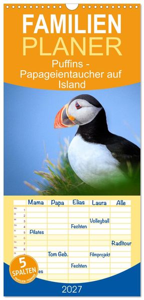 Familienplaner 2027 - Puffins - Papageientaucher auf Island mit 5 Spalten (Wandkalender 21 x 45 cm) CALVENDO