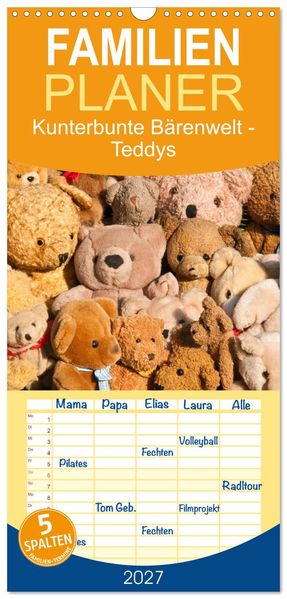 Familienplaner 2027 - Kunterbunte Bärenwelt - Teddys mit 5 Spalten (Wandkalender 21 x 45 cm) CALVENDO