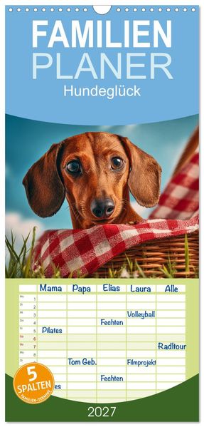 Familienplaner 2027 - Hundeglück mit 5 Spalten (Wandkalender 21 x 45 cm) CALVENDO