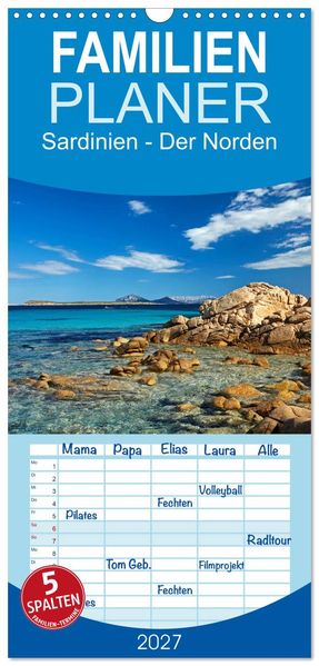 Familienplaner 2027 - Sardinien - Der Norden mit 5 Spalten (Wandkalender 21 x 45 cm) CALVENDO