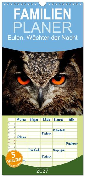 Familienplaner 2027 - Eulen. Wächter der Nacht mit 5 Spalten (Wandkalender 21 x 45 cm) CALVENDO