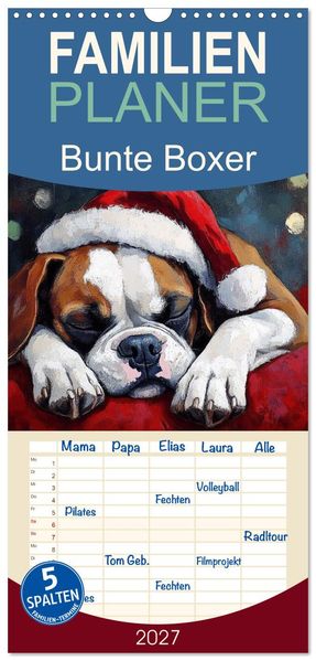 Familienplaner 2027 - Bunte Boxer mit 5 Spalten (Wandkalender 21 x 45 cm) CALVENDO