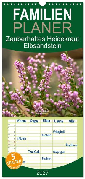 Familienplaner 2027 - Zauberhaftes Heidekraut - Elbsandstein mit 5 Spalten (Wandkalender 21 x 45 cm) CALVENDO