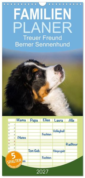 Familienplaner 2027 - Treuer Freund Berner Sennenhund mit 5 Spalten (Wandkalender 21 x 45 cm) CALVENDO
