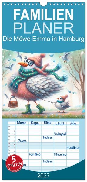 Familienplaner 2027 - Die Möwe Emma in Hamburg mit 5 Spalten (Wandkalender 21 x 45 cm) CALVENDO