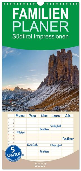 Familienplaner 2027 - Südtirol Impressionen mit 5 Spalten (Wandkalender 21 x 45 cm) CALVENDO