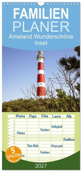 Familienplaner 2027 - Ameland Wunderschöne Insel mit 5 Spalten (Wandkalender 21 x 45 cm) CALVENDO