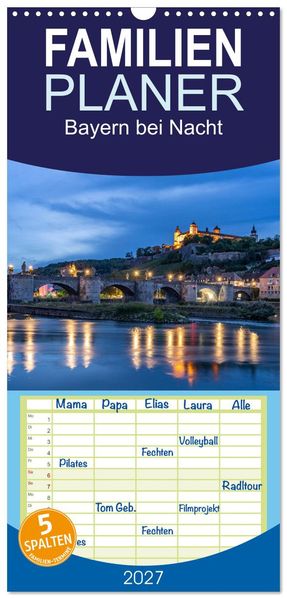 Familienplaner 2027 - Bayern bei Nacht mit 5 Spalten (Wandkalender 21 x 45 cm) CALVENDO