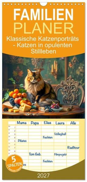 Familienplaner 2027 - Klassische Katzenporträts - Katzen in opulenten Stillleben mit 5 Spalten (Wandkalender 21 x 45 cm) CALVENDO