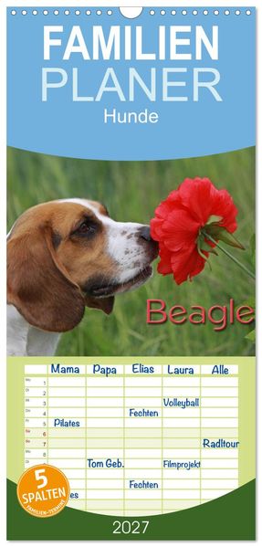 Familienplaner 2027 - Beagle mit 5 Spalten (Wandkalender 21 x 45 cm) CALVENDO