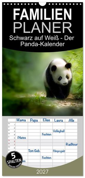 Familienplaner 2027 - Schwarz auf Weiß - Der Panda-Kalender mit 5 Spalten (Wandkalender 21 x 45 cm) CALVENDO