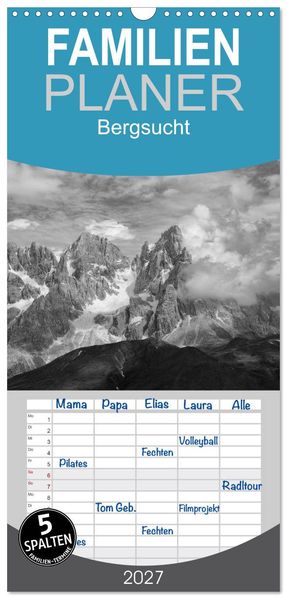 Familienplaner 2027 - Bergsucht 2027 mit 5 Spalten (Wandkalender 21 x 45 cm) CALVENDO