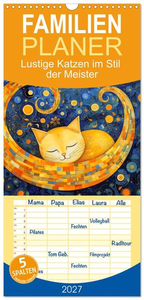 Familienplaner 2027 - Lustige Katzen im Stil der Meister mit 5 Spalten (Wandkalender 21 x 45 cm) CALVENDO