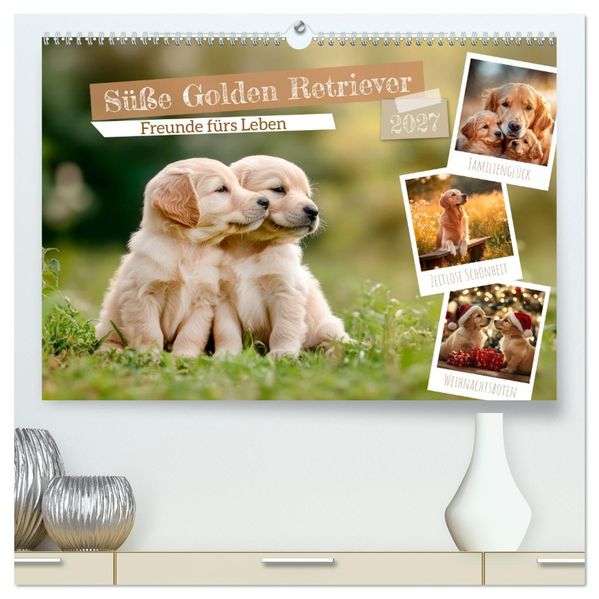 Süße Golden Retriever - Freunde fürs Leben (hochwertiger Premium Wandkalender 2027 DIN A2 quer) Kunstdruck in Hochglanz