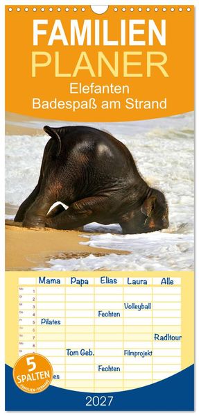 Familienplaner 2027 - Elefanten. Badespaß am Strand mit 5 Spalten (Wandkalender 21 x 45 cm) CALVENDO