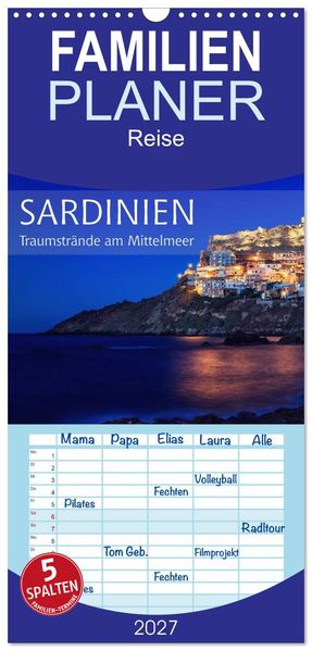 Familienplaner 2027 - Sardinien - Traumstrände am Mittelmeer mit 5 Spalten (Wandkalender 21 x 45 cm) CALVENDO