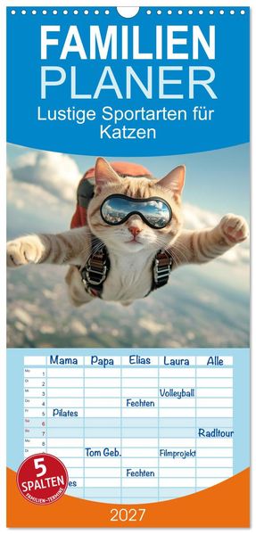 Familienplaner 2027 - Lustige Sportarten für Katzen mit 5 Spalten (Wandkalender 21 x 45 cm) CALVENDO