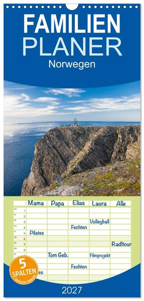 Familienplaner 2027 - Norwegen mit 5 Spalten (Wandkalender 21 x 45 cm) CALVENDO