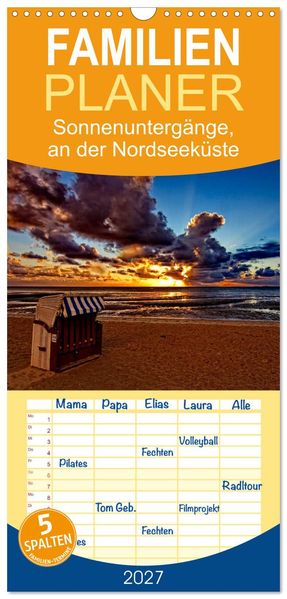 Familienplaner 2027 - Sonnenuntergänge an der Nordseeküste vor Cuxhaven mit 5 Spalten (Wandkalender 21 x 45 cm) CALVENDO