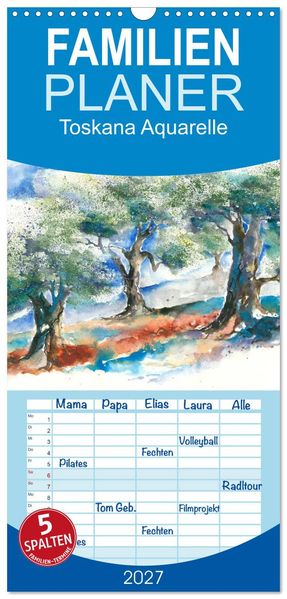 Familienplaner 2027 - Toskana Aquarelle mit 5 Spalten (Wandkalender 21 x 45 cm) CALVENDO