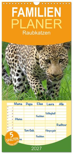 Familienplaner 2027 - Raubkatzen mit 5 Spalten (Wandkalender 21 x 45 cm) CALVENDO