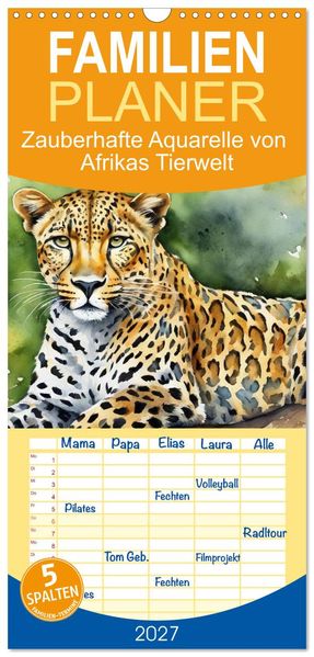Familienplaner 2027 - Zauberhafte Aquarelle von Afrikas Tierwelt mit 5 Spalten (Wandkalender 21 x 45 cm) CALVENDO