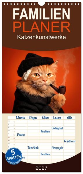 Familienplaner 2027 - Katzenkunstwerke mit 5 Spalten (Wandkalender 21 x 45 cm) CALVENDO