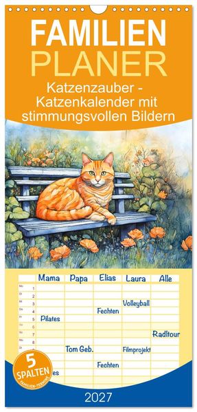 Familienplaner 2027 - Katzenzauber - Katzenkalender mit stimmungsvollen Bildern mit 5 Spalten (Wandkalender 21 x 45 cm) CALVENDO