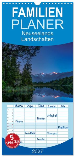Familienplaner 2027 - Neuseelands Landschaften mit 5 Spalten (Wandkalender 21 x 45 cm) CALVENDO