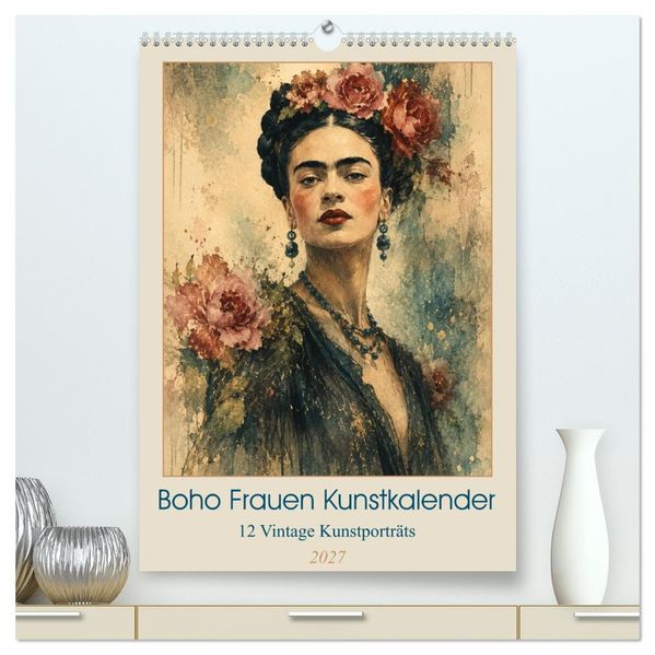Boho Frauen Kunstkalender - 12 Vintage Kunstporträts (hochwertiger Premium Wandkalender 2027 DIN A2 hoch) Kunstdruck in Hochglanz