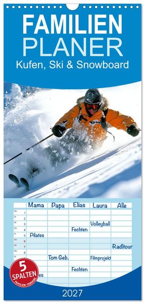 Familienplaner 2027 - Kufen Ski & Snowboard mit 5 Spalten (Wandkalender 21 x 45 cm) CALVENDO