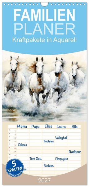 Familienplaner 2027 - Kraftpakete in Aquarell mit 5 Spalten (Wandkalender 21 x 45 cm) CALVENDO