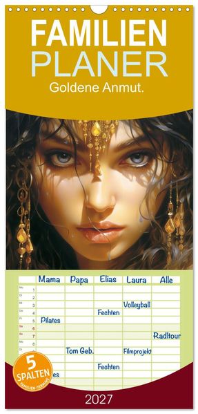 Familienplaner 2027 - Goldene Anmut. Verträumt sinnlich und verführerisch mit 5 Spalten (Wandkalender 21 x 45 cm) CALVENDO