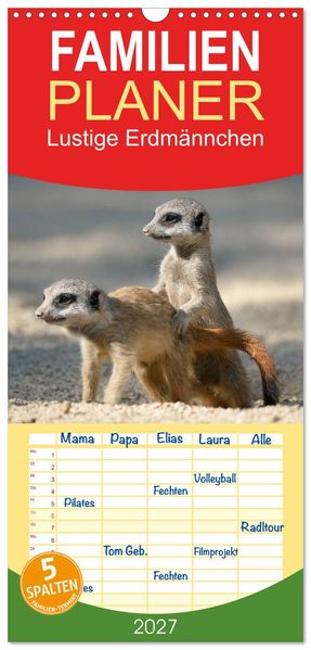 Familienplaner 2027 - Lustige Erdmännchen mit 5 Spalten (Wandkalender 21 x 45 cm) CALVENDO