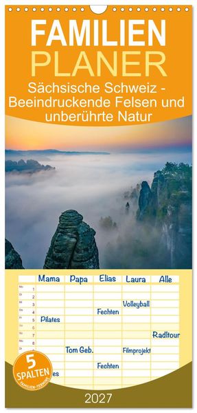 Familienplaner 2027 - Sächsische Schweiz - Beeindruckende Felsen und unberührte Natur mit 5 Spalten (Wandkalender 21 x 45 cm) CALVENDO