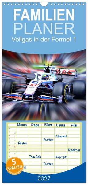 Familienplaner 2027 - Vollgas in der Formel 1 mit 5 Spalten (Wandkalender 21 x 45 cm) CALVENDO